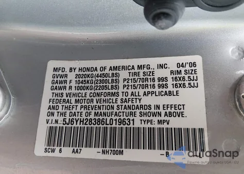 2006 Honda Element Lx z USA, uszkodzony, nr VIN 5J6YH28386L019631